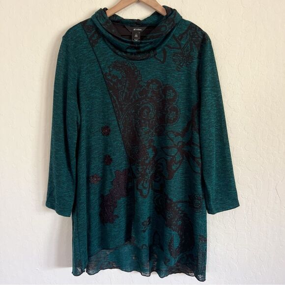 Ali Miles Burnout Floral Embroidered Cowl Neck Tunic Top Shirt Large Green Black - Picture 1 of 7